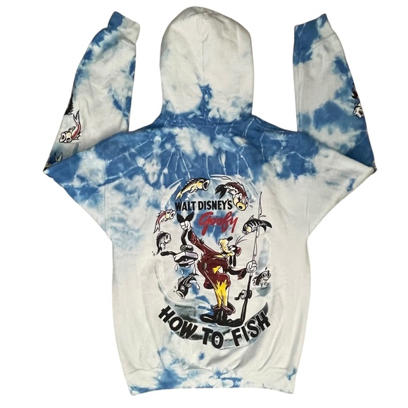 Disney Hoodie Mens Medium Blue Tie Dye Goofy Fishing Pullover Sweatshirt NWT NEW - Picture 2 of 13